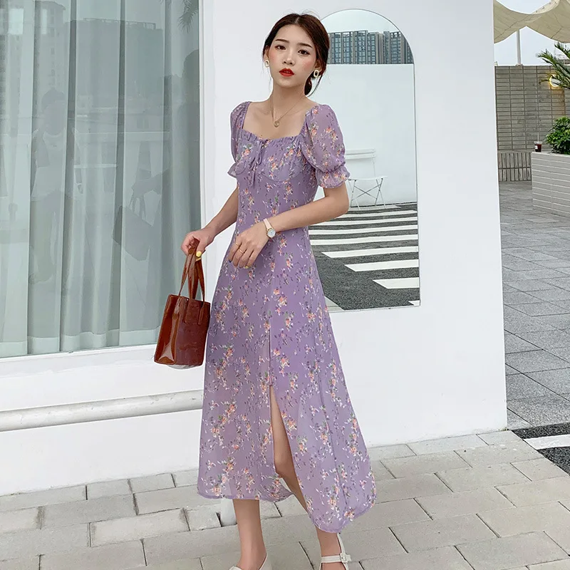 Printed fairy floral dress retro summer new style side slit puff sleeves high waist  A-line mid-length dress womens