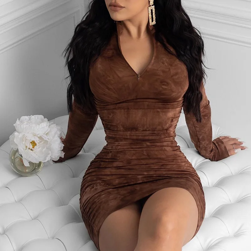 2020 Spring  Long Sleeve Tie Dye Ruched Bodycon Sexy Midi Dress Women Streetwear Outfits Party Bright Clothing