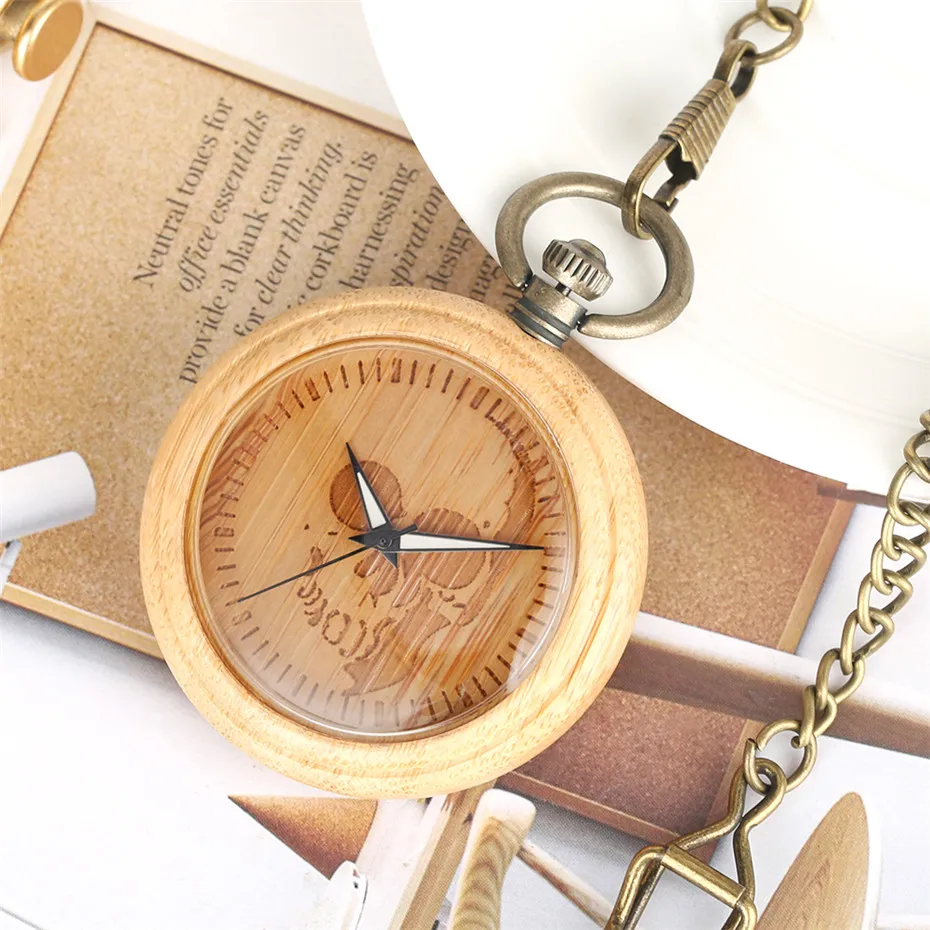 

Quartz Bamboo Wood Pocket Watch Luxury Engraving Skull Design Round Dial Retro New Arrival 2019 Pendant Wooden Clock Gifts reloj