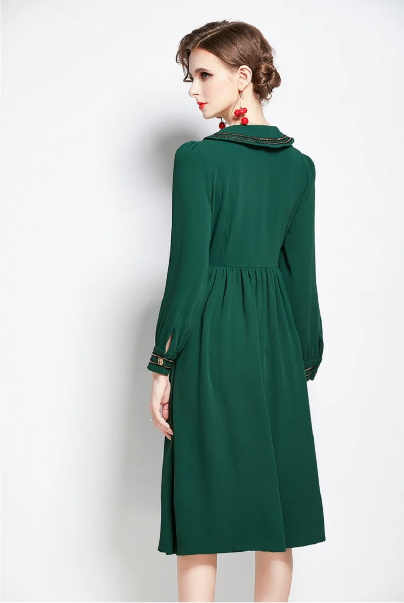 

2020 Autumn French Style Green Retro Women Long Sleeve Dress Elegant Temperament Lady A-Line Party Dresses Vestidos
