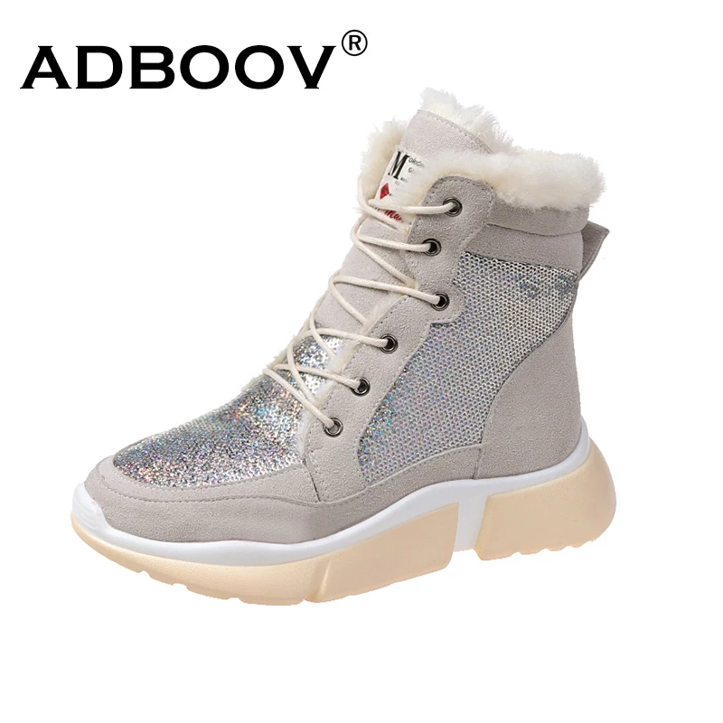 

Женские зимние ботильоны ADBOOV с меховой подкладкой, модная блестящая женская теплая обувь, женские ботинки