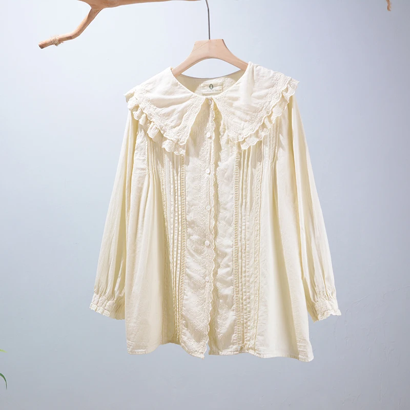 

2021 Autumn New Solid Embroidered Cotton Shirt Women Casual Tops MDW810