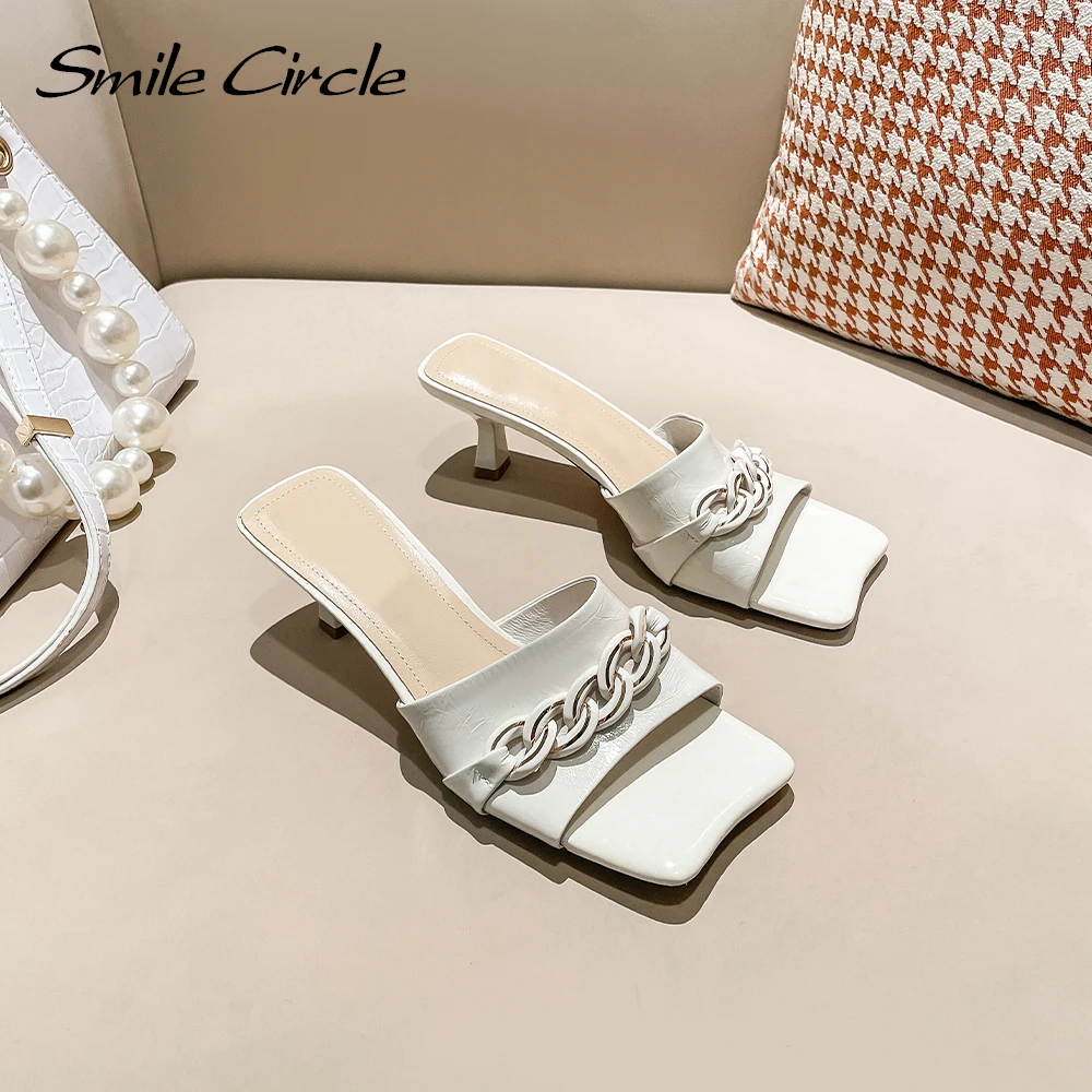 

Smile Circle High Heel outdoor Slippers women shoes 2021 Summer Genuine Leather Fashion Open-toe Square toe Sandals Ladies shoes