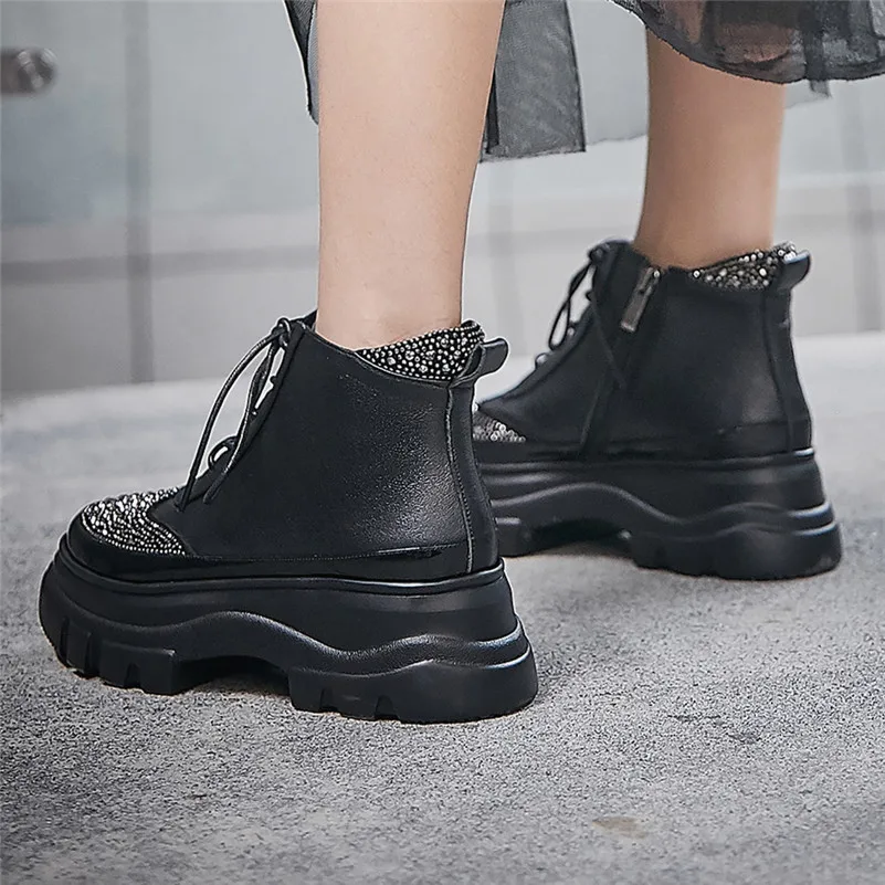 FEDONAS Winter Basic Women Ankle Boots Rhinestone Casual Platform Shoes Woman Genuine Leather High Heeled Party Short Boots