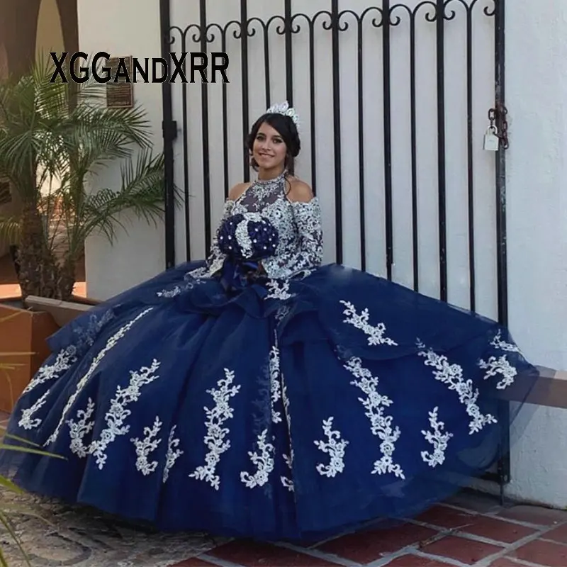 

Luxury Blue Long Sleeves Halter Quinceanera Dress 2020 Lace Applique Ball Gown Prom Dress For Sweet 15 16 Plus Size Custom Made