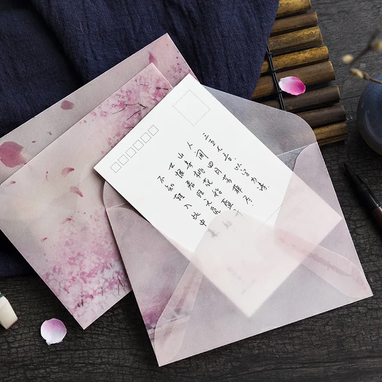 Coloffice 3PCs Envelops+ 4PCs Sealing stickers Sakura Handmade Sulfuric Acid Paper Envelope Thanksgiving Gifts Girl Stationery | Канцтовары