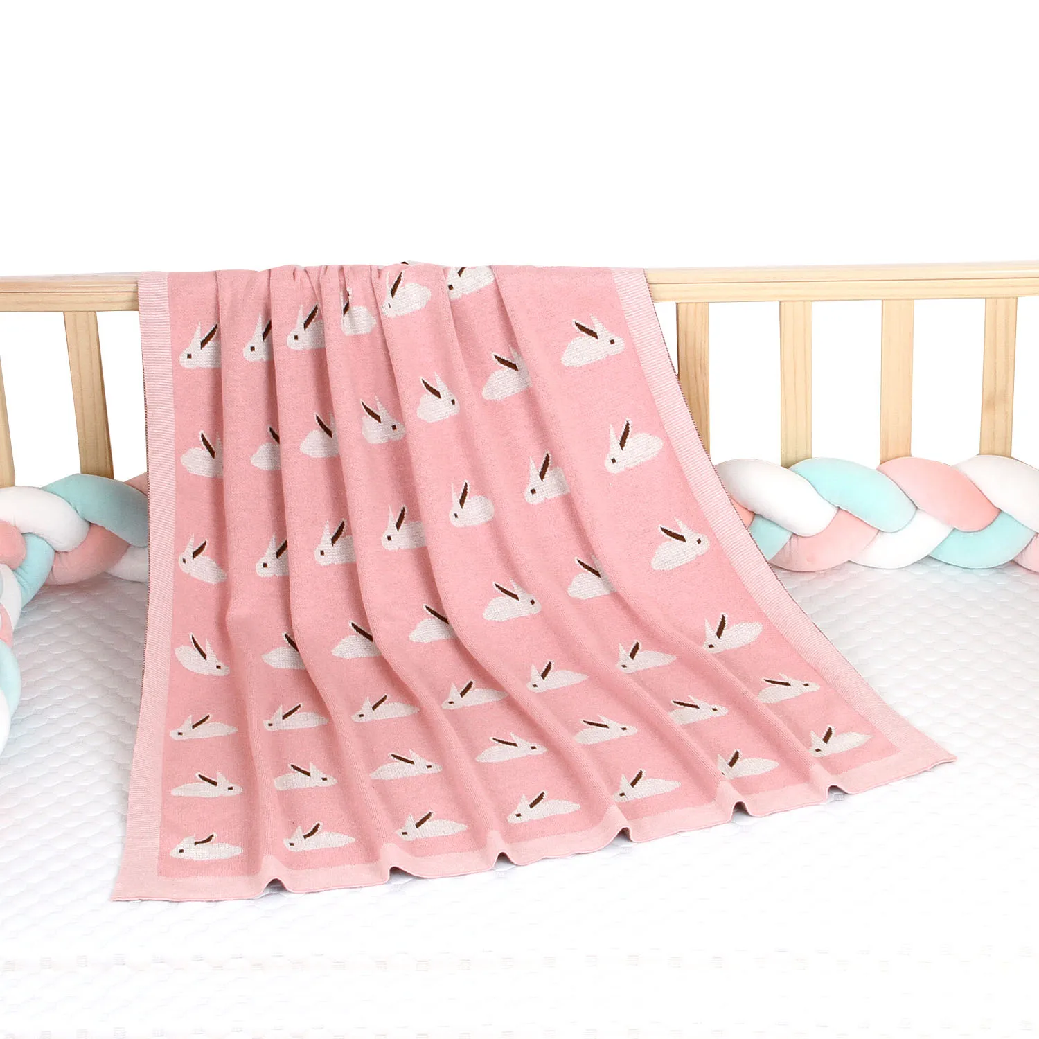 

100x80 CM Cartoon Blanket Soft Hypoallergenic Cotton Knitting Stroller Crib Quilt for Infant Rabbit Printed Baby Swaddle