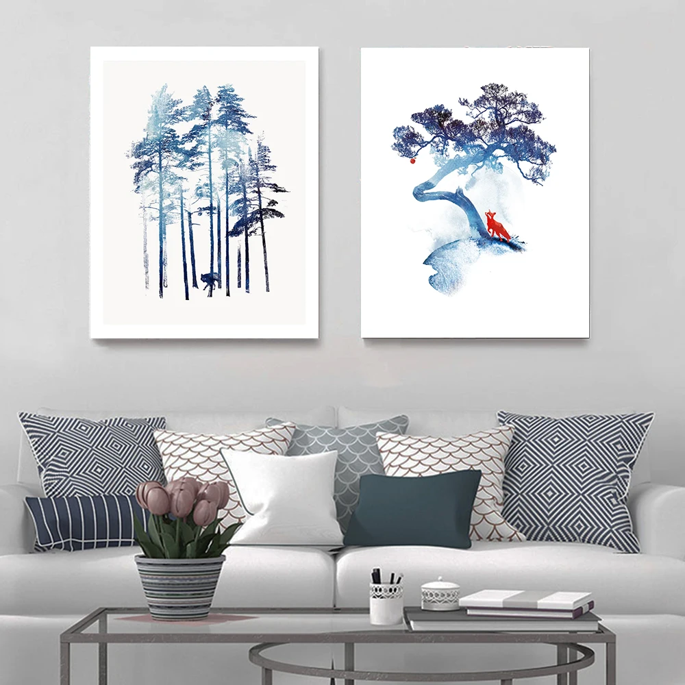 Скандинавский декор лесной пейзаж настенное искусство холст синее дерево плакат