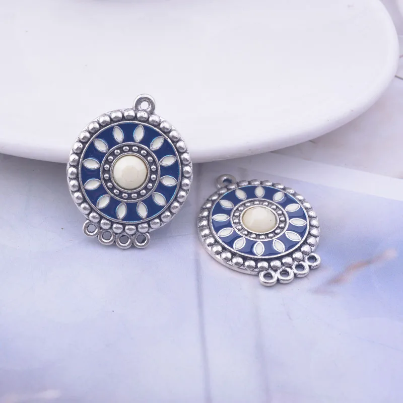12 шт. Круглые Эмалированные коннекторы под старину серебристого цвета с синими и