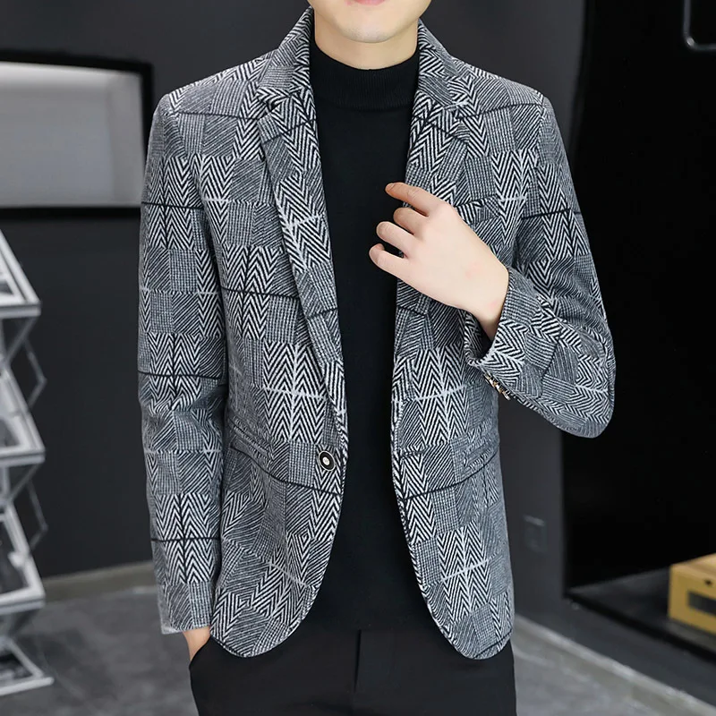 Мужской клетчатый шерстяной Блейзер приталенный Молодежный Повседневный на