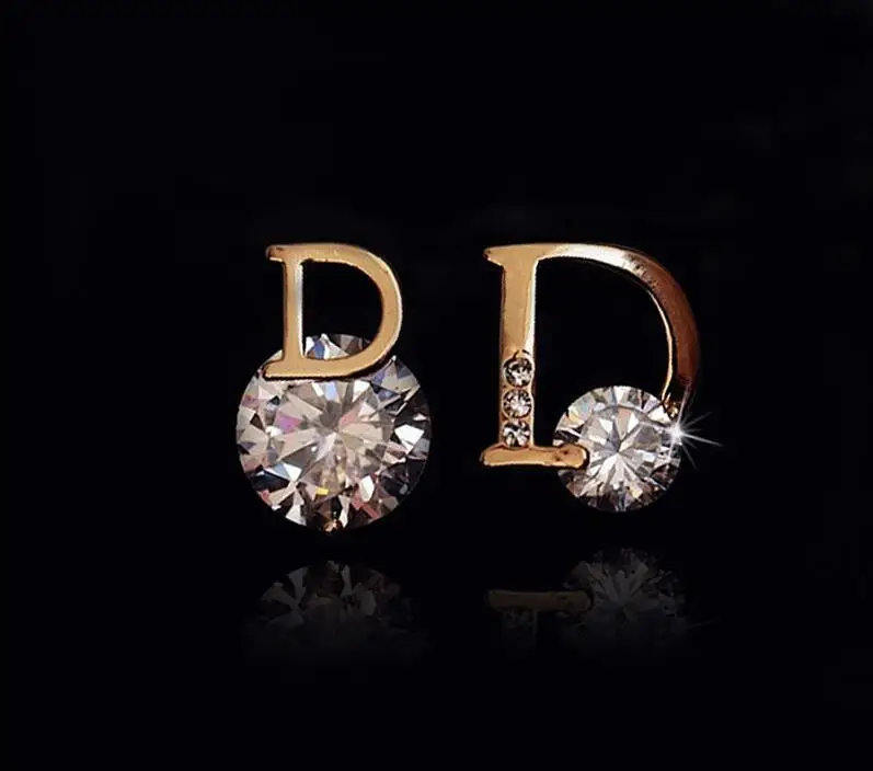

European and American Birthdays Asymmetric Rhinestone Zircon D-Shaped Stud Earrings for Women Jewellery Gold Clip on