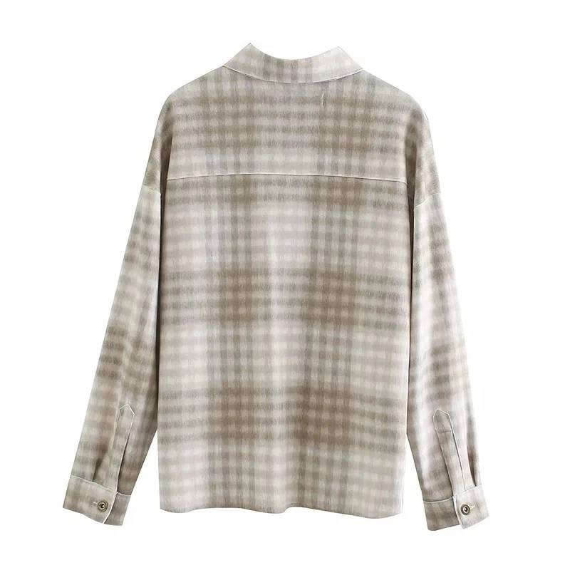 

Vintage Women Oversize Plaid Shirt Jacket Fashion Slim Long Sleeve Lapel Khaki Jacket Coat Casual Pocket Temperament Chic Tops