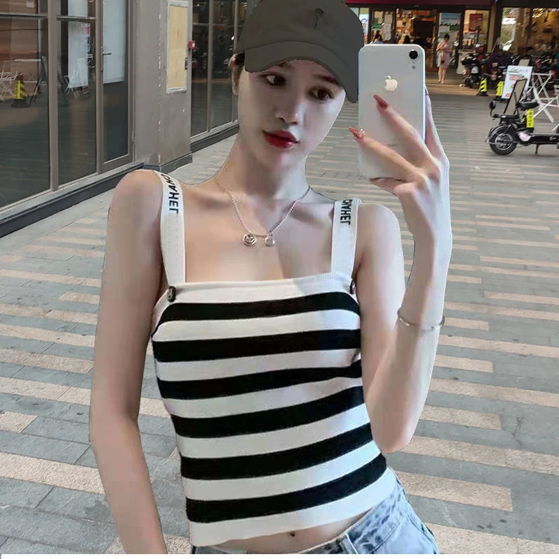 

C 2021 Ladies sweater striped knit camisole slim fit sleeveless top tube top strap ladies C