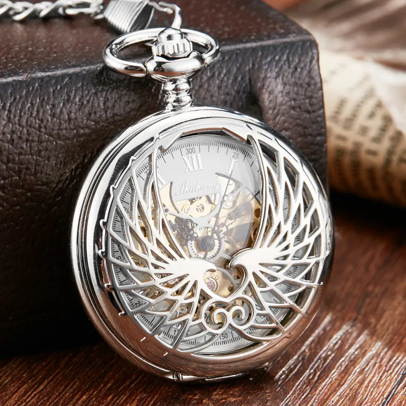 Роскошные Механические карманные часы с цепочкой ангельские крылья полые