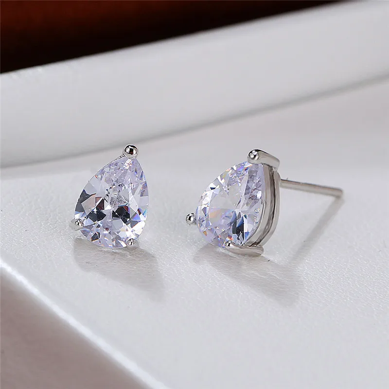 

Simple Female White Crystal Stone Earrings Rose Gold Silver Color Stud Earrings Cute Bridal Geometry Wedding Earrings For Women