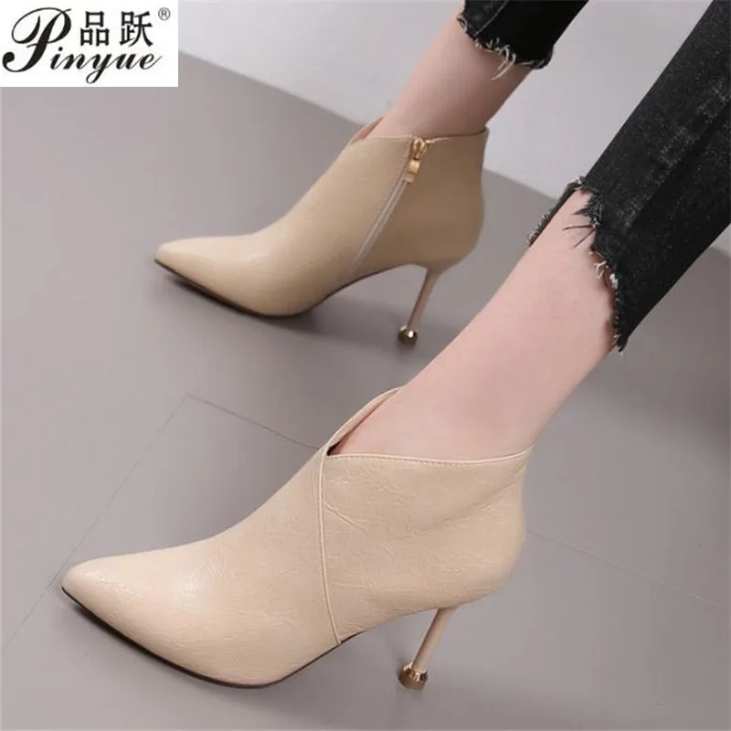 

Black Soft Leather Ankle Boots For Women Metal Belt Buckle Fashion Short Boots Pointe Toe Woman OL Office Boots High Heels Beige
