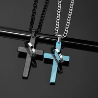 blackbluesteel color bible letter cross with circle necklace stainless steel hip hop punk cuban chain necklace jewerly gift