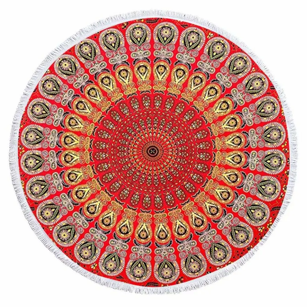 Красный круглый гобелен с кисточками настенный мандалой индийский хлопковый