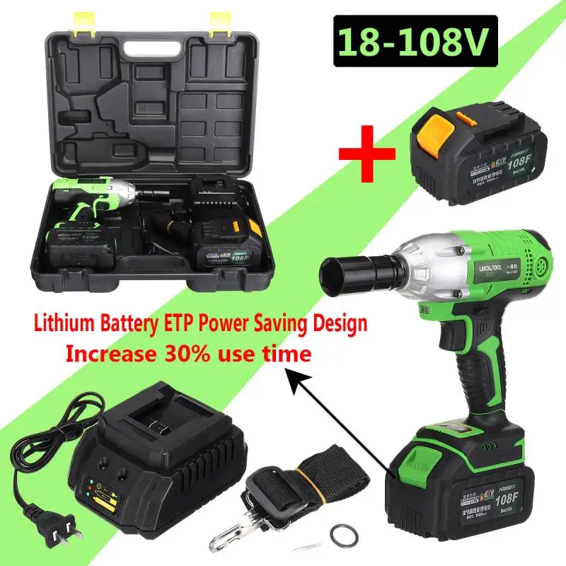 

1/2" 18-108V Cordless Electric Impact Wrench Wrench Socket Power Tools 10800mAh Lithium-Ion Battery 320Nm Torque