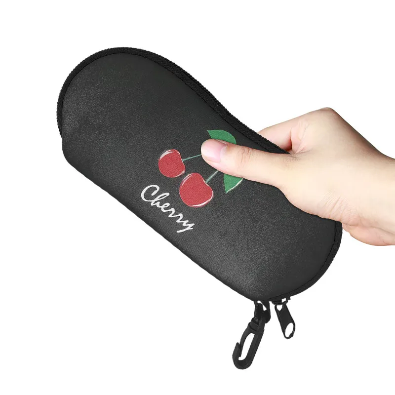 

Red Cherry Print Eye Glasses Case Portable Eyewear Protector Box Pouch Bag Reading Glasses Sunglasses Box with Lanyard Zipper