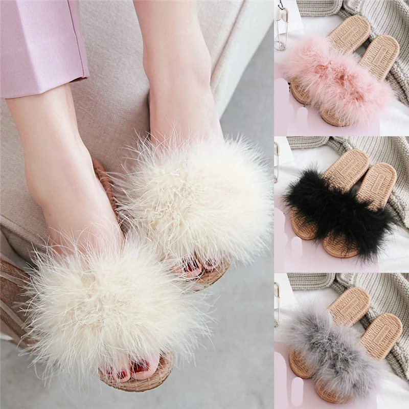 Женские тапочки из пеньковой ткани Высококачественные шлепанцы с перьями для