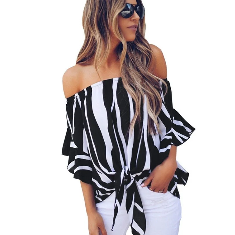 

Stripe Chiffon Blouses Women Summer Off Shoulder Shirts Casual Flare Short Sleeve Slash Neck Loose Sexy Strapless Plus Size Tops