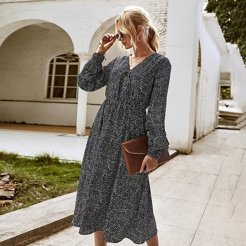 

Print Midi Dress Women Clothes Fashion V Neck Long Sleeve Plus Size Elegant Party Ladies Dresses Casual Boho Beach Dress Female