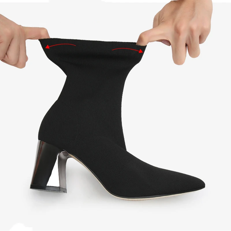 2019 Spring Autumn Socks Boots Pointed Shoes Woman Knit Elastic Martin Comfort Square High Heel Stretch Fabric Ankle | Обувь