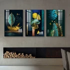 3 Панели с зелеными и золотыми листьями, рисование на холсте, плакаты и принты, настенные картины для гостиной, домашний декор в китайском стиле