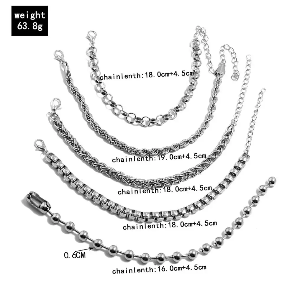 

5Pcs/Set Hip Hop Chunky Thick Miami Curb Cuban Bracelets Bangles Punk Metal Beads Twisted Rope Chain Bracelet Jewelry Gift 2021