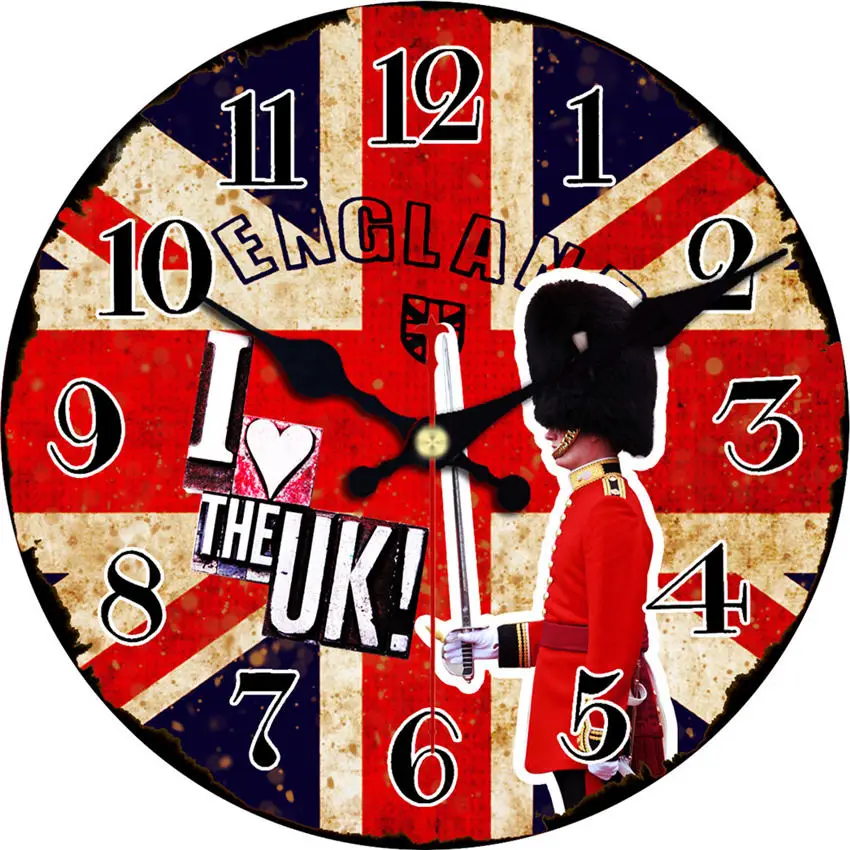 Wooden Wall Clock UK British Flag Union Jack Clock Retro Vintage Large Clock  London Street Old Car Silent Round Clock 14 Inch