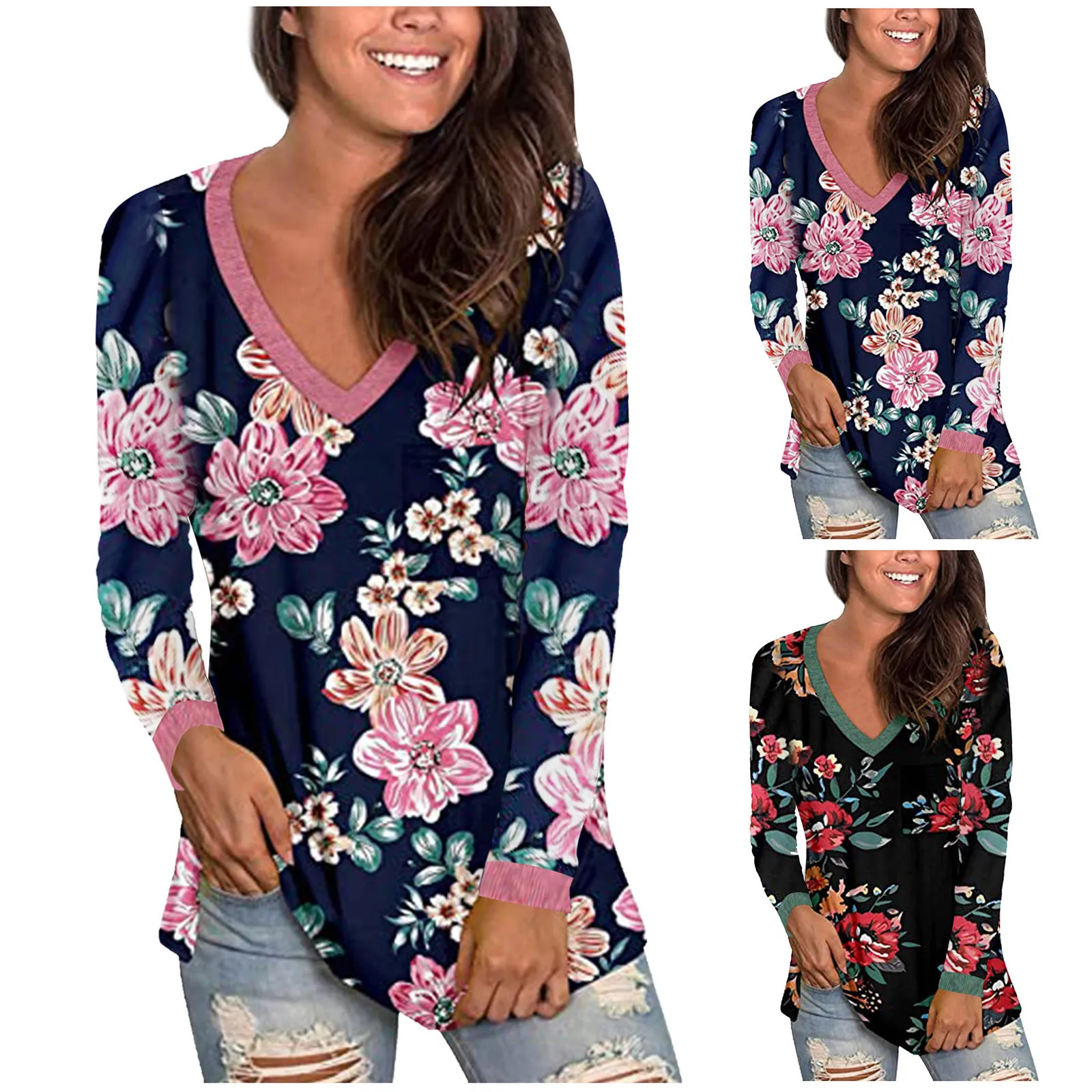 

Блузка Женская длинная свободного кроя с цветочным принтом и V-образным вырезом