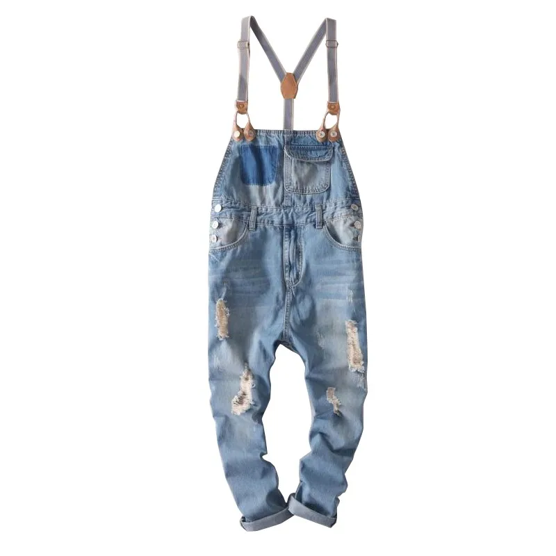 

Hip Hop Streetwear Bib Pants Overall Jean Summer Fashion Men Jeans Overalls Hole Ripped Denim Straps Pants Ankle Length Rompers