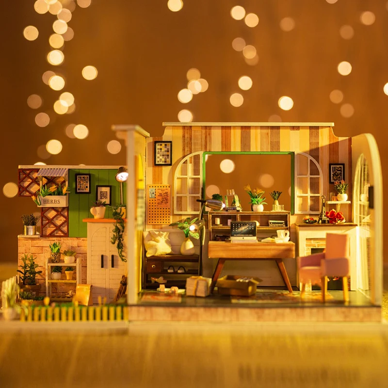 DIY Рабочая комната с мебелью Дети миниатюрный деревянный кукольный дом модель