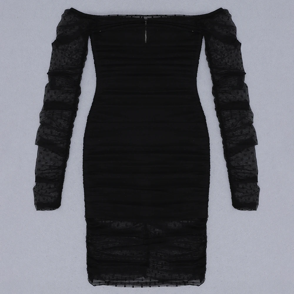 Элегантное женское Бандажное платье черное Сетчатое вечернее с длинным рукавом