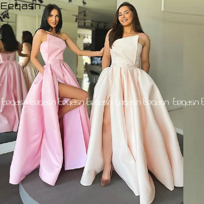 

Новые розовые атласные длинные вечерние платья с карманами, модные женские платья с разрезом для выпускного вечера, платье для особых случаев