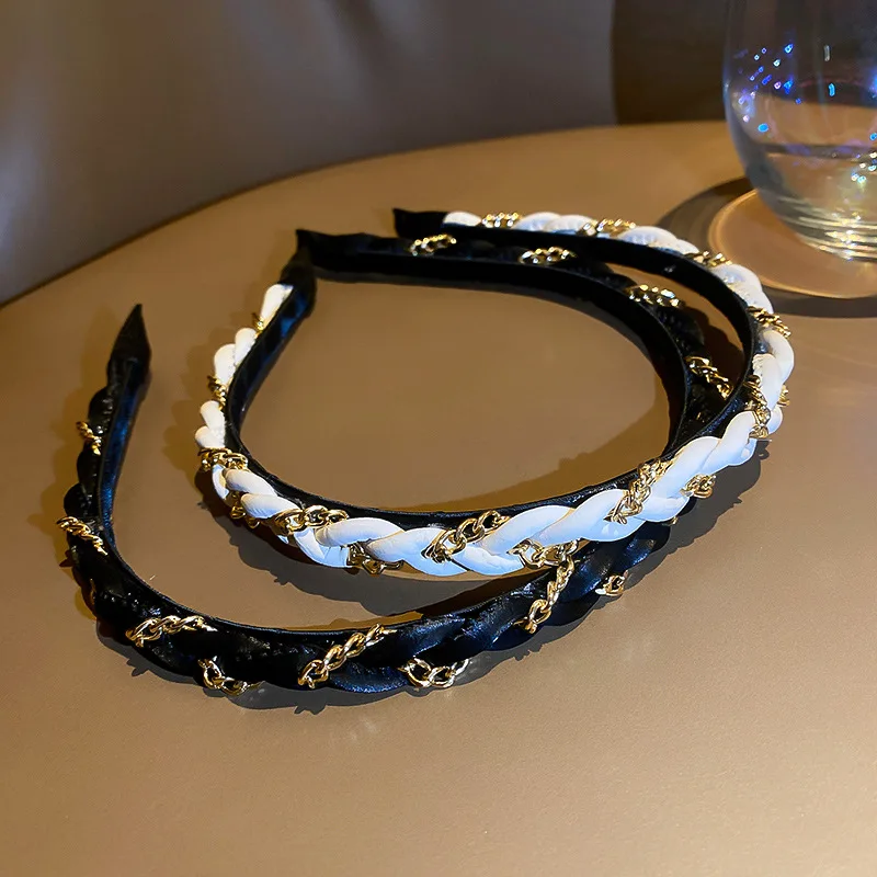 

Minar White Black Color Velvet Hairbands for Women Lady Gold Color Link Chain Twist Rope Brimmed Hair Band Accessories Headwear