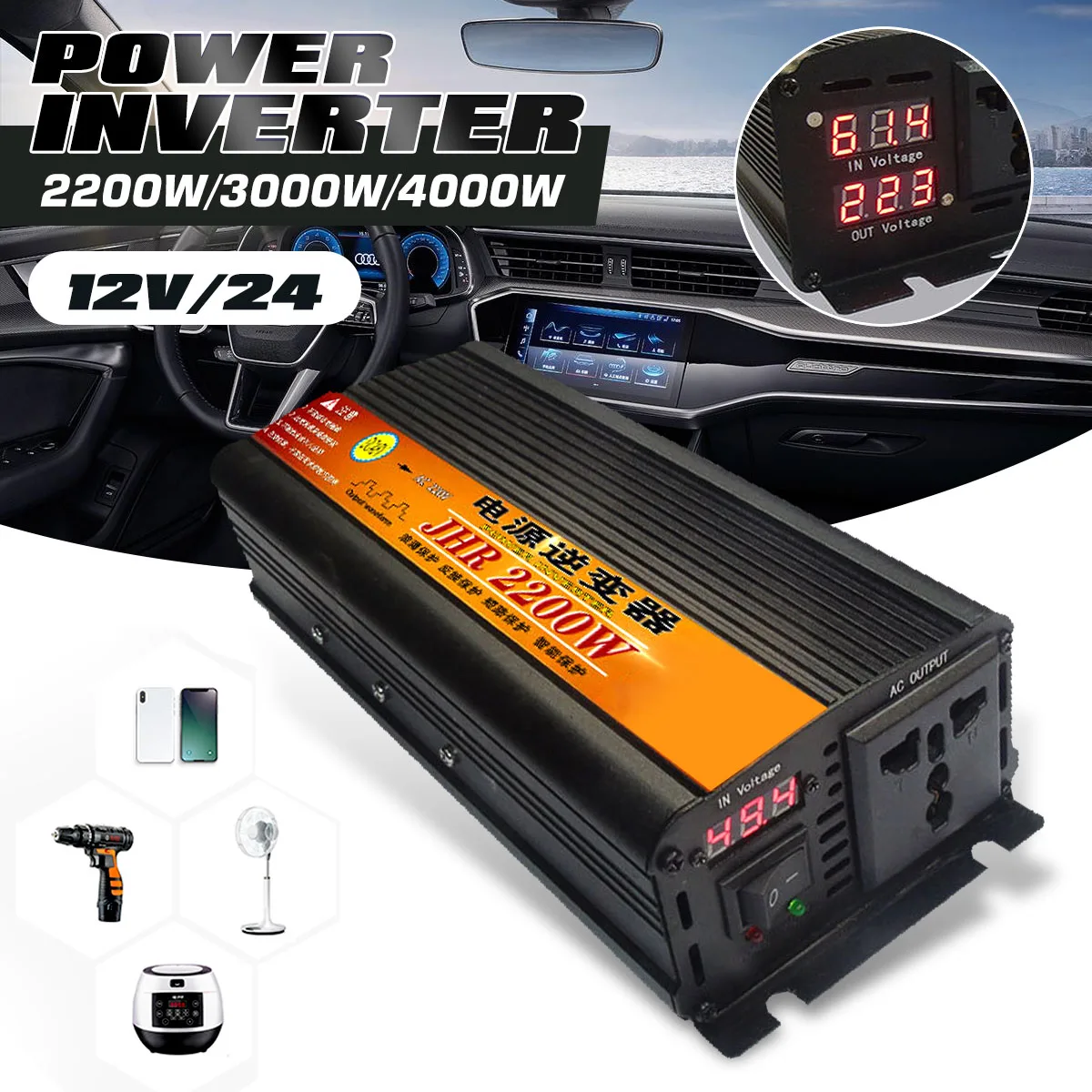 

3000/4000W Car Inverter DC12V/24V 220V Voltage transformer Modified Sine Wave Power Inverter 12V to 220V Converter+2 LED Display