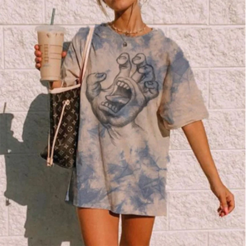 

Funny Hand Print Vintage Tie Dye Graphic Tee Women Fashion Tops O Neck Short Sleeve Loose Casual T-shirt Summer Plus Size Mujer