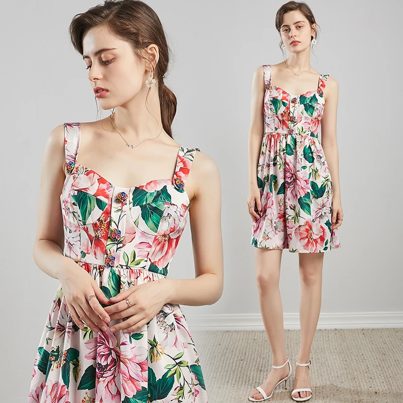 

Merchall Summer Elegant Pink Floral Holiday Pleated Runway Dress Women's Metal Buttons Spaghetti Strap Ladies Mini Dress