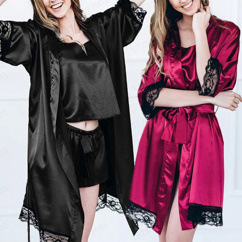 

2pcs Pijamas Sets Women Floral Print Pajamas Set Wire Free Lace Bra Camisole Panty And Robe Set Female Sexy Sleepwear
