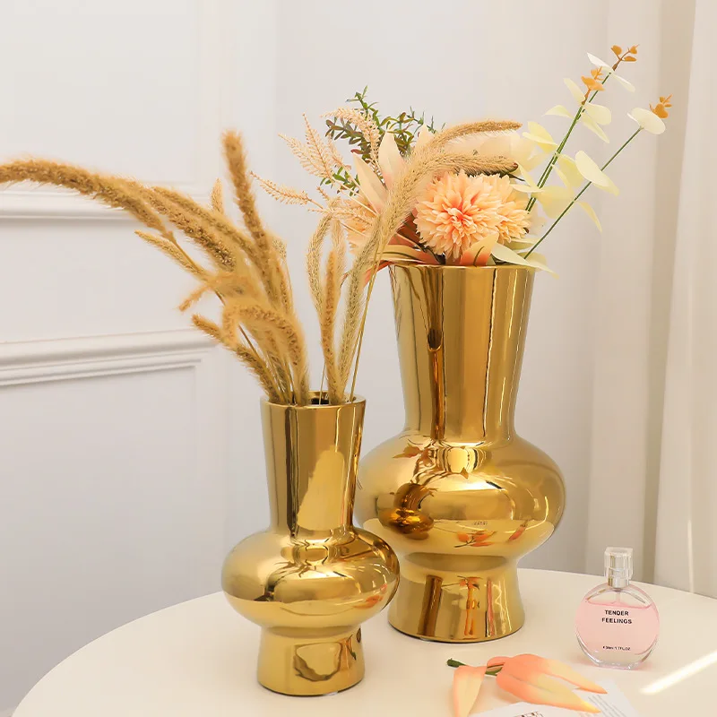 

Luxury Gold Mirror Electroplating Ceramic Vase Home Living Room Decor Creative Design Porcelain Decorative Flower Vase