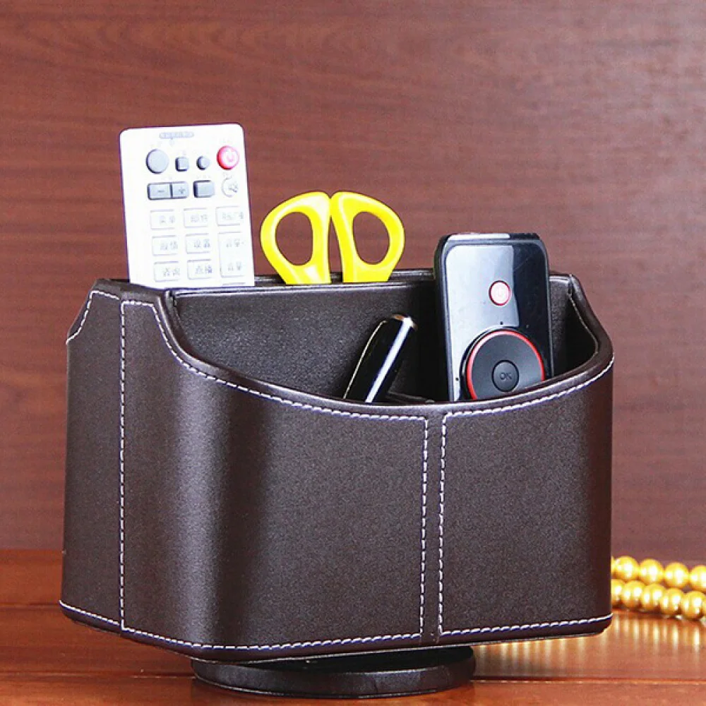 

Faux Leather Spinning Remote Control/Controller TV Guide/Mail/CD Organizer/Caddy/Holder Media Storage Box-Brown