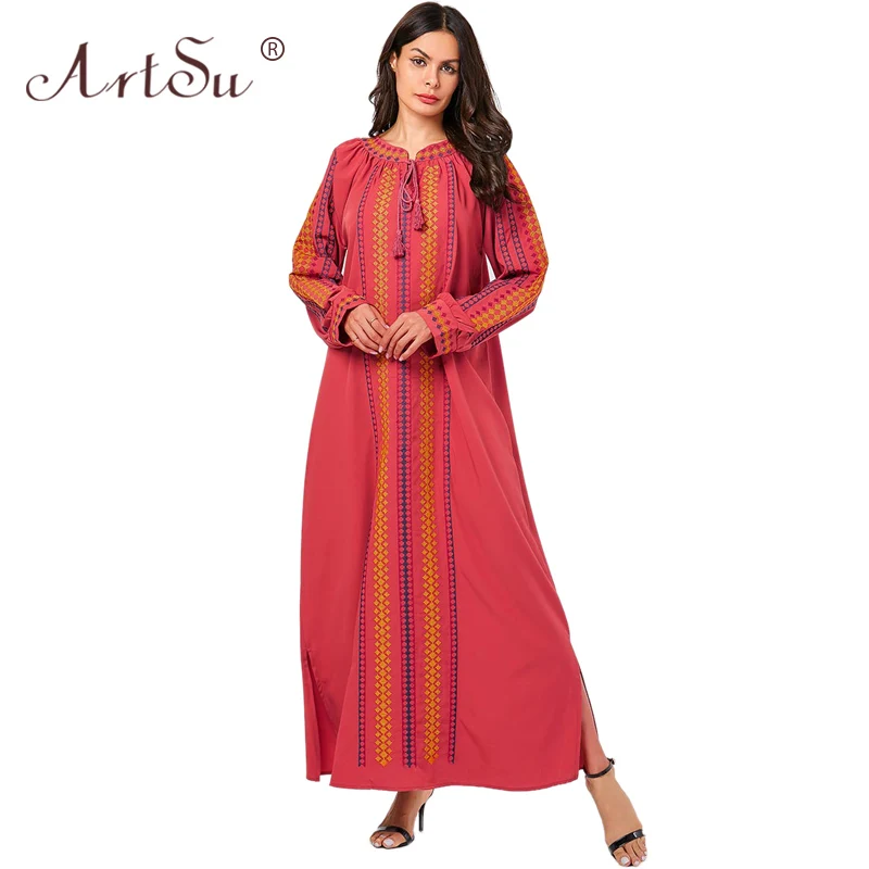 ArtSu Autumn Winter Long Sleeve Loose Plus Size Black Robe Femme Women Tassel Geometric Embroidery Retro Ethnic Red Dress | Женская