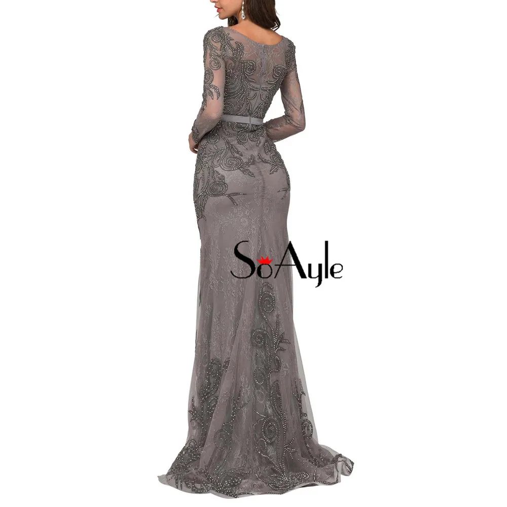 Платье SoAyle Luxury Beaded Gray Lace вечернее платье O-образный вырез длинный рукав Русалка плюс размер Арабские платья Дубай.