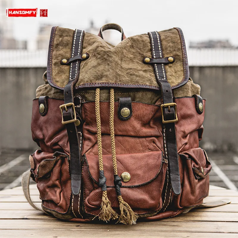 Мужской рюкзак из воловьей кожи в стиле ретро ручной работы кожаный для