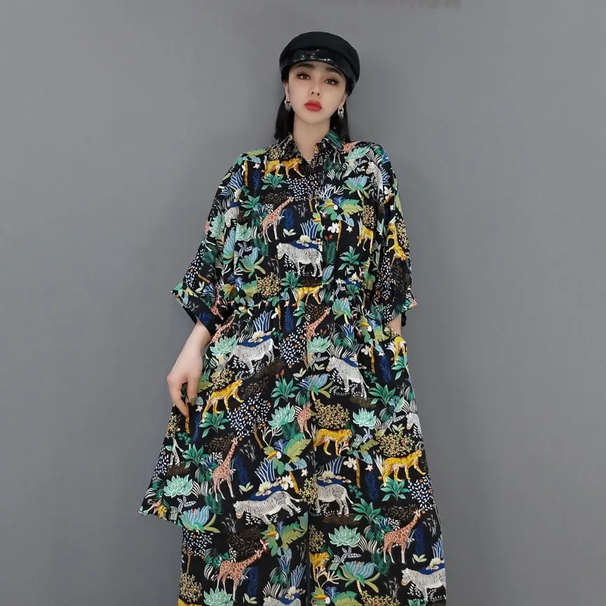 

XITAO Print New Women Pant Sets Print Contrast Color Casual Fashion Temperament Loose All-match Wide Leg Pants Loose WMD0408