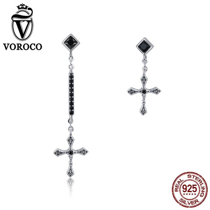 Voroco настоящий 925 пробы серебряные религиозные серьги-капли с крестиком черный циркон Винтажные серьги для женщин Роскошные ювелирные изделия VSE141
