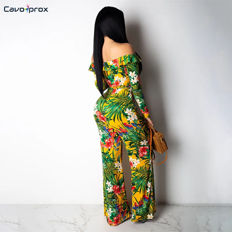 Women Flora Printed Long Sleeve Off Shoulder Bodycon Wide Leg Jumpsuit Wrap Belt Slim Fit Street Wear Fashion New Trend | Женская одежда