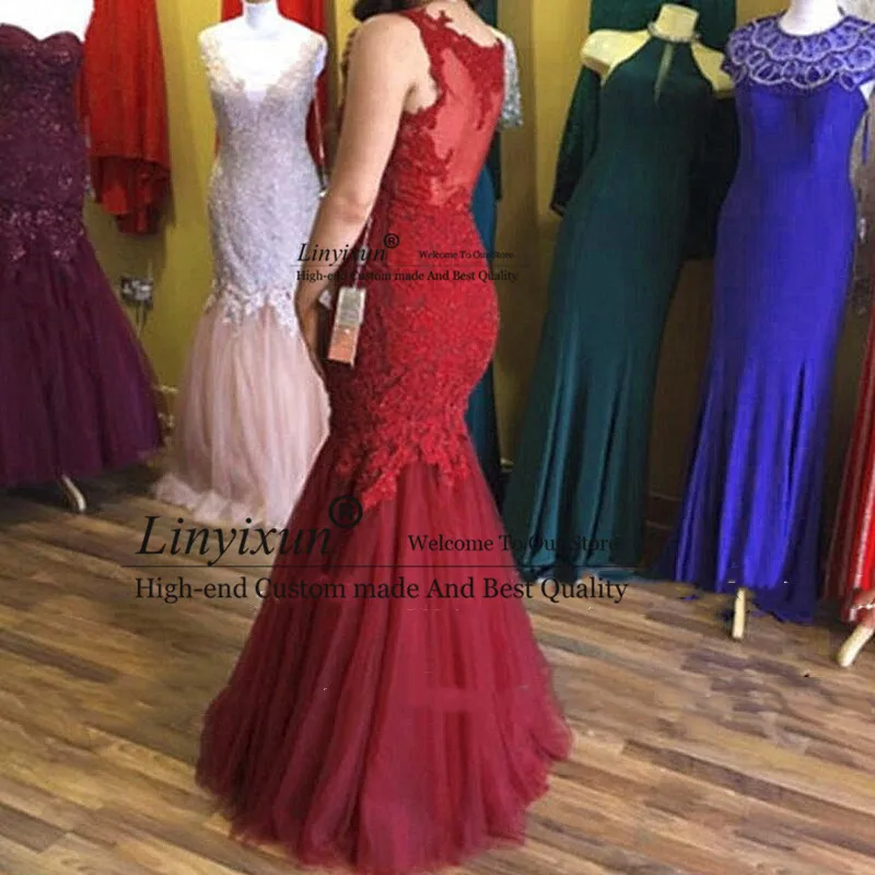 

Burgundy Lace Tulle Mermaid Prom Dresses With Appliques 2020 V Neck Sheer Back Long Evening Dress For Women Vestido De Festa